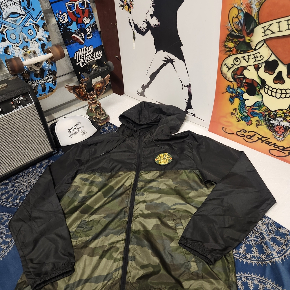 Camo Panel Hooded Windbreaker Jacket - Black & Olive Ziggy Marley